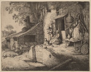 Bauernhof mit einer Bauernfamilie vor der Haustür, die Frau spinnt von Adriaen van Ostade