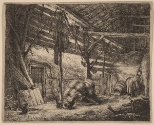Innenraum einer Scheune mit einer Bäuerin bei der Arbeit von Adriaen van Ostade