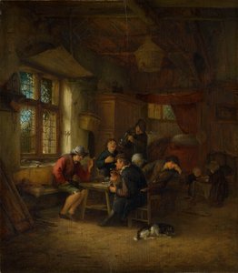 Innenraum einer Taverne mit fünf Bauern und einer Frau