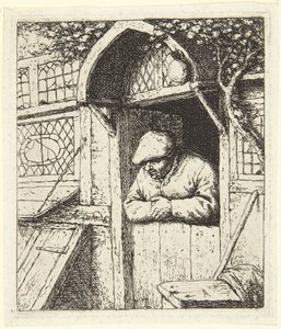 Bauer, der sich an seine Tür lehnt von Adriaen van Ostade
