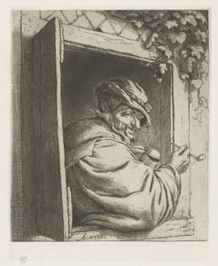 Rauchender Bauer in einem Fenster
