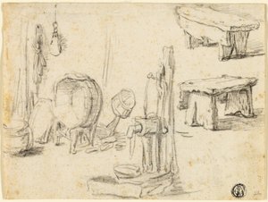 Skizzen von Pumpe, Waschzuber, Bänken von Adriaen van Ostade