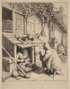 Raucher auf einem Hocker im Gespräch mit einem arbeitenden Schuster von Adriaen van Ostade