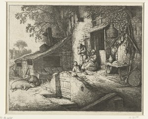 Spinnende Frau vor einem Haus von Adriaen van Ostade