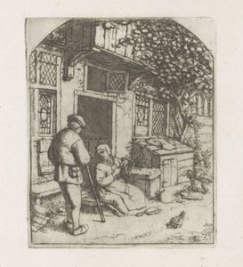Spinnerin auf der Schwelle eines Hauses von Adriaen van Ostade