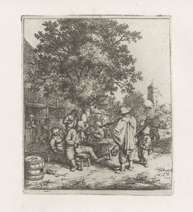 Zwei Musiker bei einer trinkenden Gesellschaft von Adriaen van Ostade