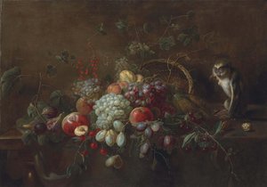 Trauben, Äpfel, Pflaumen, Feigen und anderes Obst auf einem teilweise drapierten Holztisch, ein Affe isst Walnüsse neben einem umgestürzten geflochtenen Korb von Adriaen van Utrecht