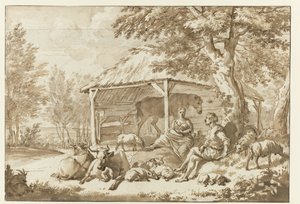 Ein Hirtenpaar mit Vieh in der Nähe eines Schuppens von Adriaen van de Velde