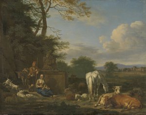 Arkadische Landschaft mit ruhenden Hirten und Tieren, 1664 von Adriaen van de Velde