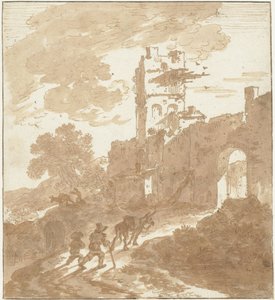 Italienische Landschaft mit einem Weg, der zu einem Stadttor führt