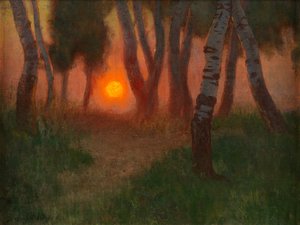 Sonnenuntergang in einer bewaldeten Landschaft von Adrian Scott Stokes