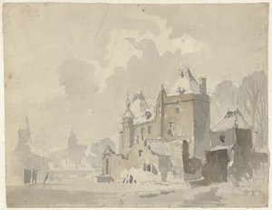 Ansicht eines fantasievollen(?) Schlosses in der Nähe einer Stadt von Adrianus Eversen