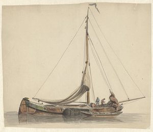 Zwei Männer arbeiten auf einem Plattbodenschiff mit gerefften Segeln