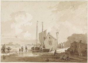 Winteransicht mit Figuren bei Booten an einem Bootshaus