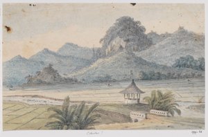 Landschaft bei Cibodas mit Brücke und Pavillon, West-Java