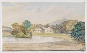 Landschaft mit Wohnhaus und Teich, West-Java