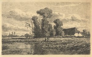Landschaft mit Graben und Bauernhof