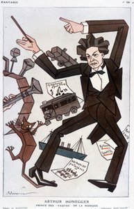 Karikatur von Arthur Honegger „Prinz der Fauves der Musik“, Schweizer Komponist (1892-1955) - von Barrère, in „Fantasio“ vom 01.01.1930 von Adrien Barrere