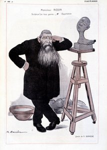 Karikatur des Bildhauers Auguste Rodin in seinem Atelier in „Fantasio“