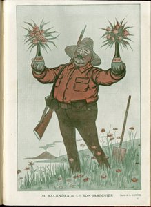 Illustration von A Barrere (1874-1931) in „Fantasio“, 01/06/15 - Herr Salandra oder der gute Gärtner - Krieg von 14-18, Italien, Wein, Neutralität, Blumen, Vulkanausbrüche, Vorsitzender des Rates, Triest - Salandra Antonio