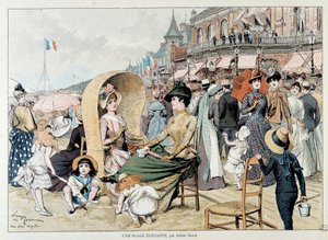 Ein eleganter Strand. Charmante Damen mit ihren Kindern unter einer Menge, die sich an einem Strand in Frankreich vergnügt. Gravur von Adrien Marie