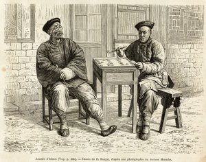 Schachspieler. Gravur nach einer Zeichnung von A. Marie, um die Reise nach Peking und Nordchina von T. Choutze in 1873 zu illustrieren, veröffentlicht in "Le tour du monde" 1876, herausgegeben von Edouard Charton, Hachette-Ausgabe, Paris. Selva-Sammlung von Adrien Emmanuel Marie