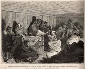 Das Innere des Wagens der militärischen Aerostaten der Loire-Armee, alle schlafen, angehängt an den letzten Zug, der Orleans am 5. Dezember 1870 verlässt, Gravur nach einer Zeichnung von A. Marie, die eine Studie über Luftschiffwracks illustriert, von Gast von Adrien Emmanuel Marie