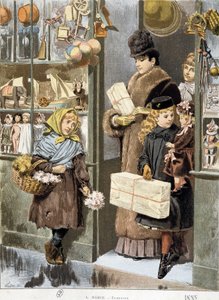 Armes Mädchen verkauft kleine Sträuße am Ausgang eines Spielzeugladens, wo reiche Leute herauskommen (Weihnachtseinkäufe?) - Zeichnung von Adrien Marie von Adrien Emmanuel Marie