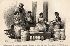 Die erste Operation des Käseabschabens, acht Tage nach der Kellerei, der Flaum, der auf der Oberfläche des Käses gewachsen ist, wird entfernt, um einen besseren Kontakt mit der frischen Luft des Kellers zu ermöglichen, das Entfernte wird verwendet, um das  von Adrien Emmanuel Marie