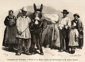 Das Beladen von Käse auf den Rücken eines Maultiers, in Richtung der Keller von Roquefort, Gravur nach einer Zeichnung von A. Marie, zur Illustration einer Reise nach Roquefort und Umgebung, von Adrien Roques und Jules Charton, 1874, veröffentlicht in „Le  von Adrien Emmanuel Marie
