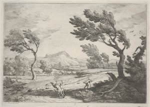 Landschaft mit Reisenden bei starkem Wind, ca. 1753