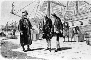 Gravur von Adrien Moreau (1843-1906), die „Candide“ von Francois Marie Arouet, genannt Voltaire (1694-1778), illustriert von Adrien Moreau
