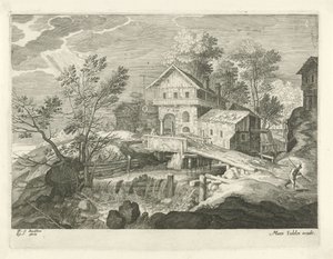 Gasthaus und einige Häuser bei einer Brücke
