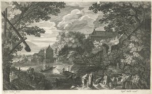 Flusslandschaft mit Fischern und Arbeitern (Acht Landschaften in Böhmen)