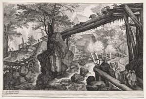 Acht böhmische Landschaften: Landschaft mit Holzbrücke über Katarakt von Aegidius Sadeler