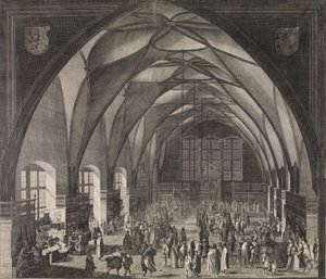 Innenansicht der Wladislaw-Halle auf der Prager Burg während der jährlichen Messe, 1607 von Aegidius Sadeler II