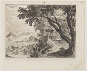 Flusslandschaft mit zwei Personen unter einem Baum von Aegidius Sadeler II