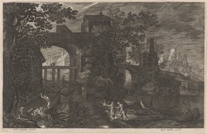 Nachtfischen in der Nähe befestigter Brücken von Aegidius Sadeler II after Pieter Stevens