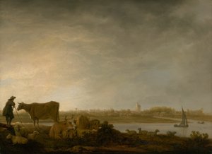 Ansicht von Vianen mit einem Hirten und Vieh an einem Fluss von Aelbert Cuyp