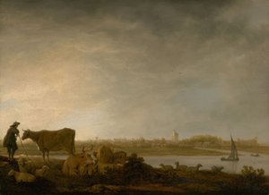 Ansicht von Vianen mit einem Hirten und Vieh an einem Fluss, ca. 1643-45