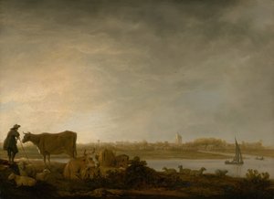 Ansicht von Vianen mit einem Hirten und Vieh an einem Fluss, ca. 1643-45