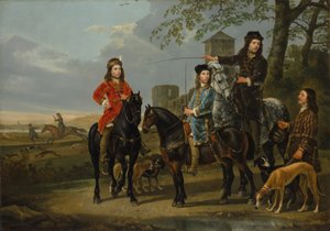 Reiterporträt von Cornelis und Michiel Pompe van Meerdervoort mit ihrem Tutor und Kutscher, auf der Jagd von Aelbert Cuyp