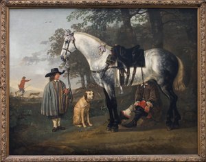 Graues Pferd in einer Landschaft. Gemälde von Albert (Aelbert oder Aelbrecht) Cuyp (1620-1691), um 1650. Niederländische Kunst
