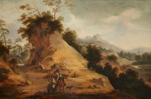 Felsige Landschaft mit Jägern in orientalischen Kostümen, die sich auf einem felsigen Pfad unterhalten von Aert Jansz Marienhof