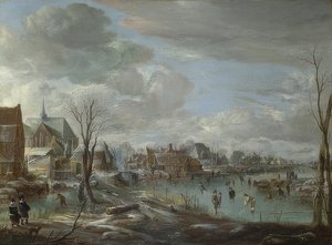 Ein gefrorener Fluss nahe einer Stadt mit Golfspieler und Schlittschuhläufer. Um 1648