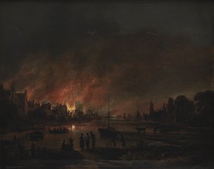 Feuer in einem Dorf bei Nacht von Aert van der Neer