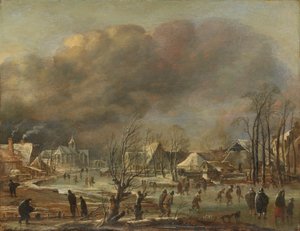 Schneefall auf ein Dorf neben einem zugefrorenen Kanal, 1630-77