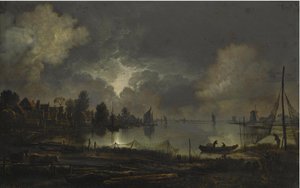 Blick auf eine Stadt am See im Mondlicht, mit zum Trocknen aufgehängten Netzen von Aert van der Neer