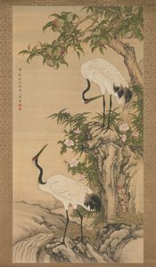 Kraniche, Pfirsichbaum und chinesische Rosen, frühes 18. Jahrhundert von After Shen Quan