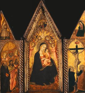 Ein tragbares Triptychon mit der Madonna und dem Kind auf dem Thron mit Engeln von Agnolo Gaddi